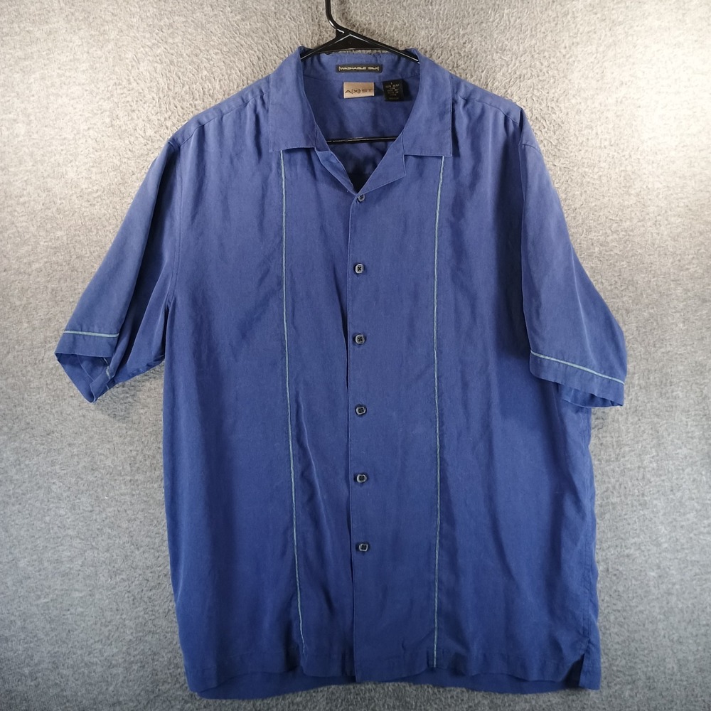 Lot of 2 Axist 100% Silk Button Up Shirts Mens L Short Sleeve Bowling Washable - Picture 9 of 15